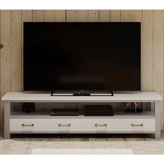 Read more about Gilford wooden tv stand wide with 4 drawers in grey