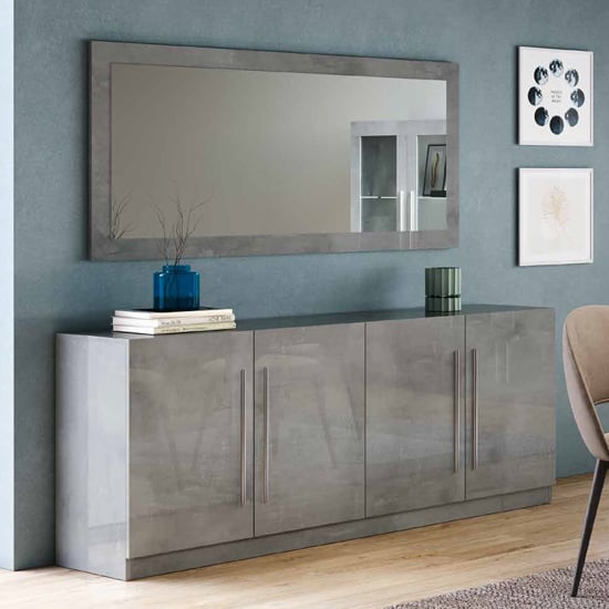 Gilon Gloss Sideboard 4 Doors With Mirror In Grey Marble Effect