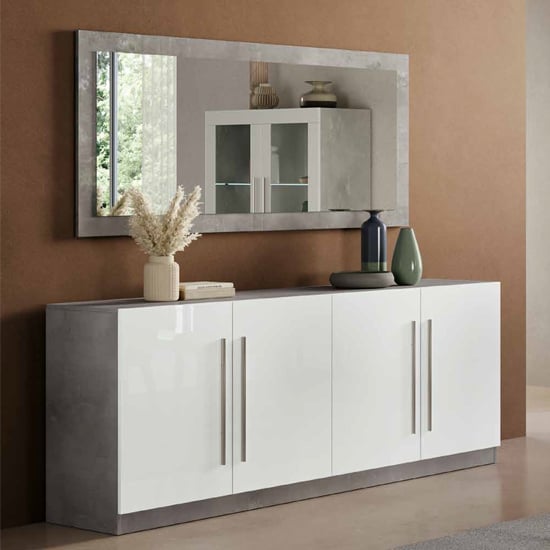 Gilon Gloss Sideboard 4 Doors With Mirror In White And Grey