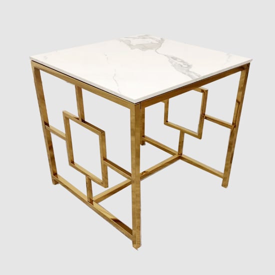 Product photograph of Gilroy Polar White Sintered Top Lamp Table With Gold Frame from Furniture in Fashion