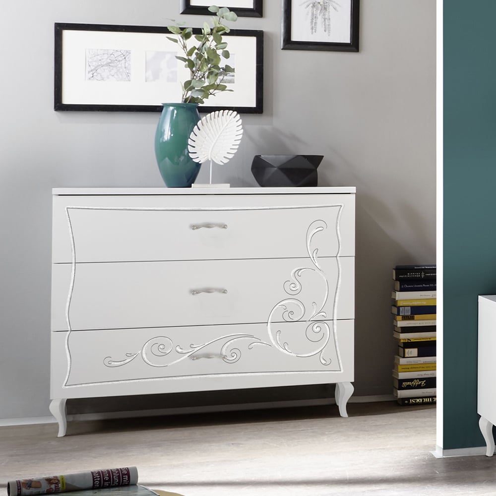 Read more about Gilroy wooden chest of 3 drawers in serigraphy white