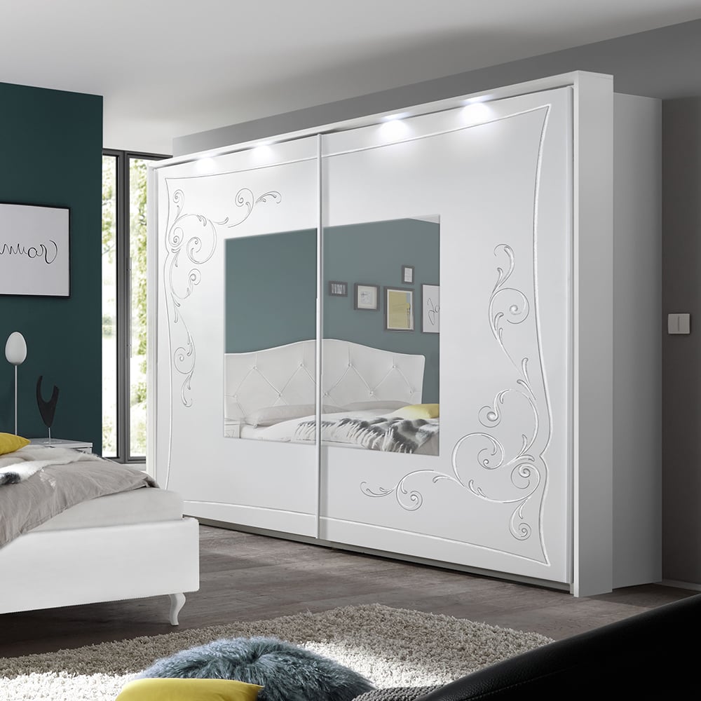 Read more about Gilroy wooden wardrobe with mirror in serigraphy white and led
