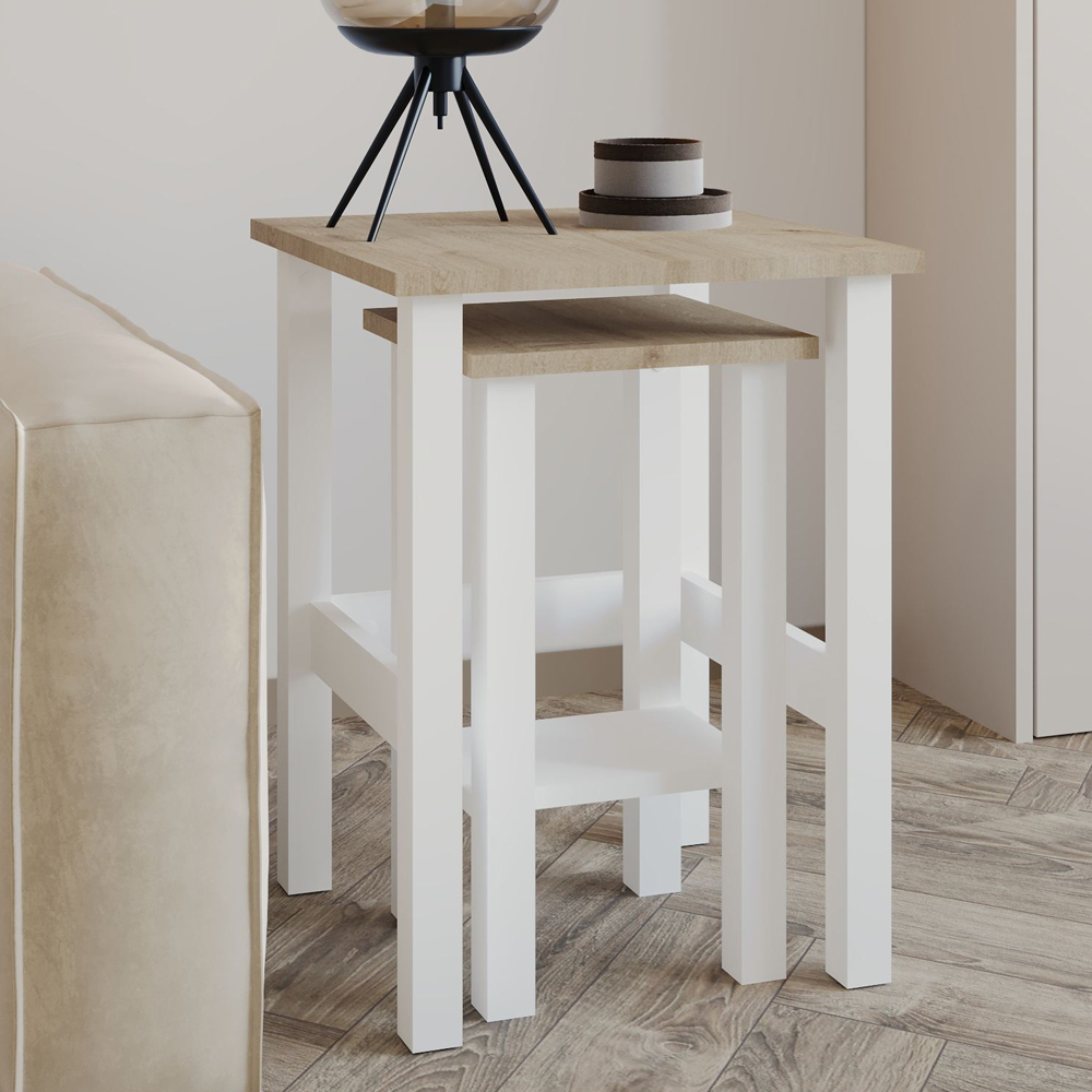 Gina Wooden Nesting Side Tables in White and Sapphire Oak