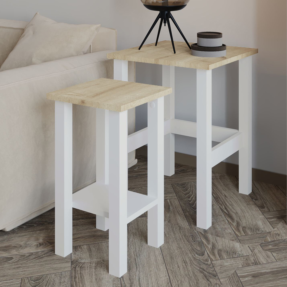 Gina Wooden Nesting Side Tables in White and Sapphire Oak