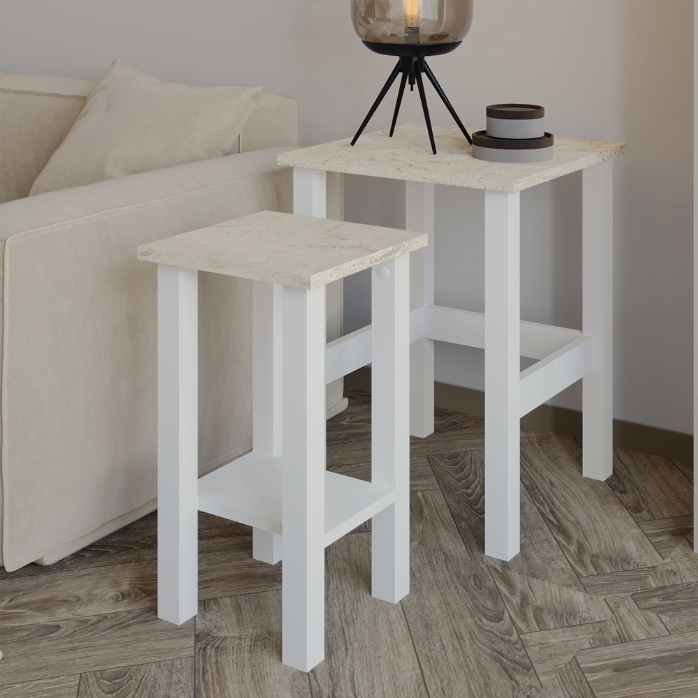 Gina Wooden Nesting Side Tables in White and Travertine Marble Effect