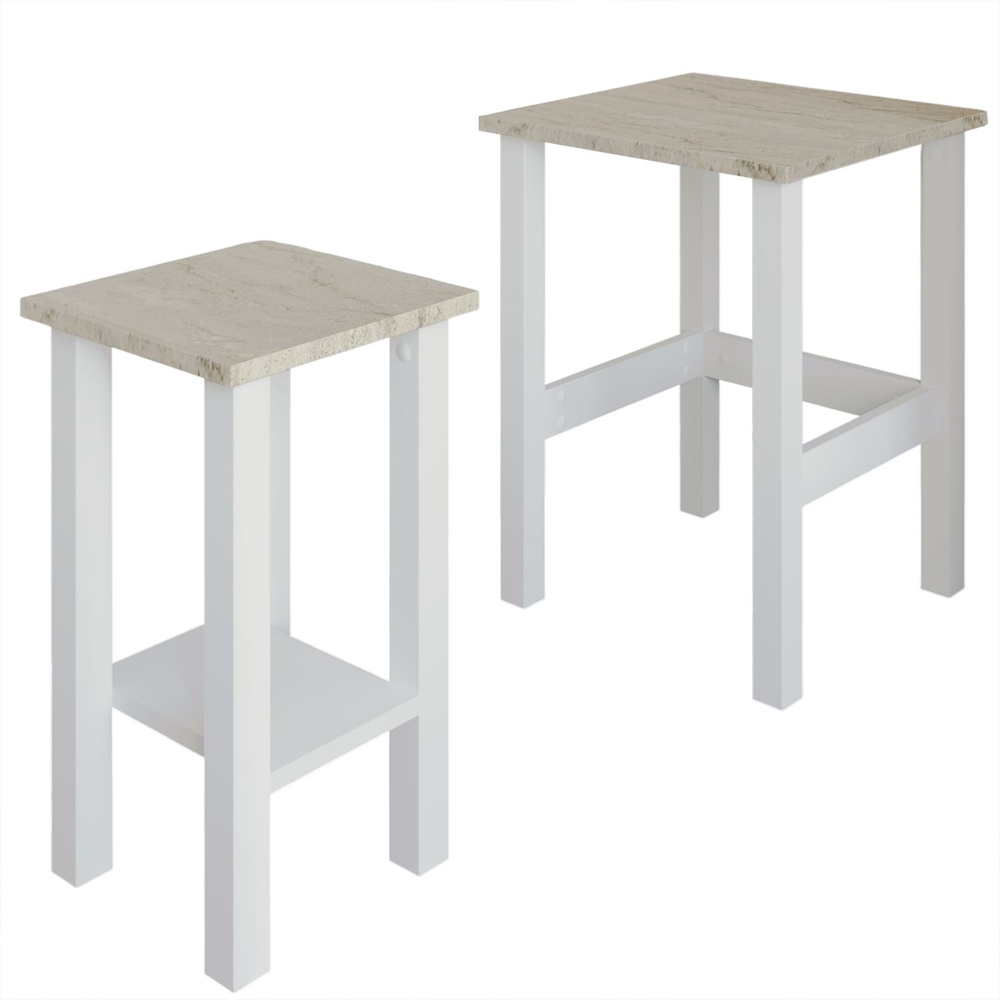 Gina Wooden Nesting Side Tables in White and Travertine Marble Effect