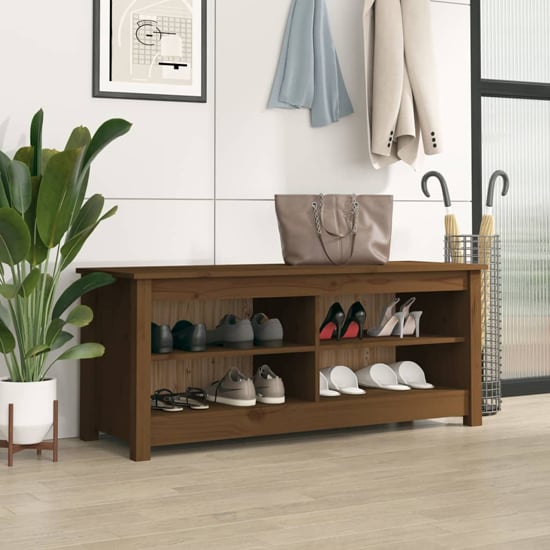 Read more about Ginny pine wood shoe storage bench in honey brown
