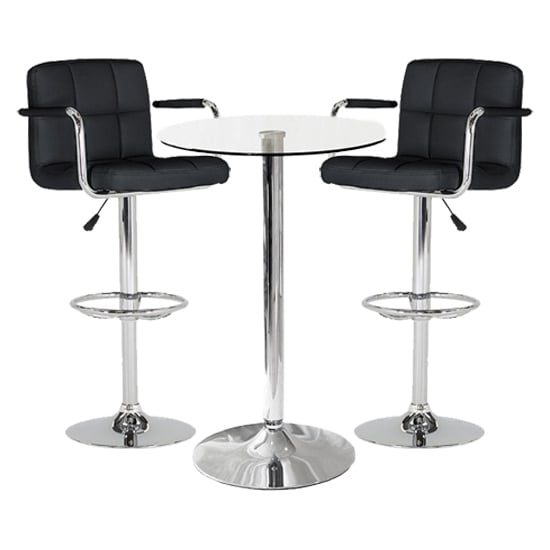 Product photograph of Gino Bistro Glass Bar Table With 2 Black Miami Bar Stools from Furniture in Fashion