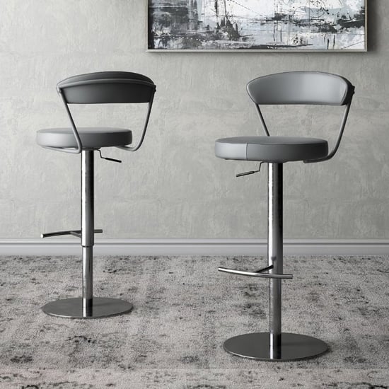 Read more about Glossop grey leather bar stools with chrome base in pair