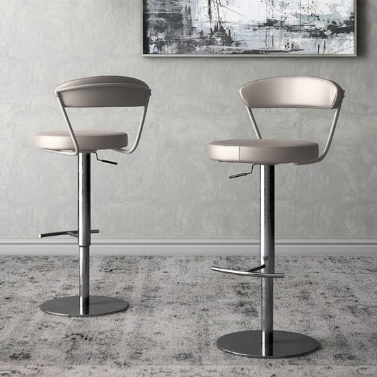 Read more about Glossop taupe leather bar stools with chrome base in pair