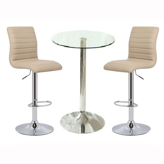 Photo of Gino bar table in clear glass with 2 ripple stone bar stools