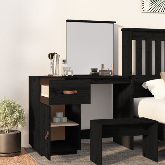 Giovanni Pine Wood Dressing Table With Mirror In Black Furniture in Fashion