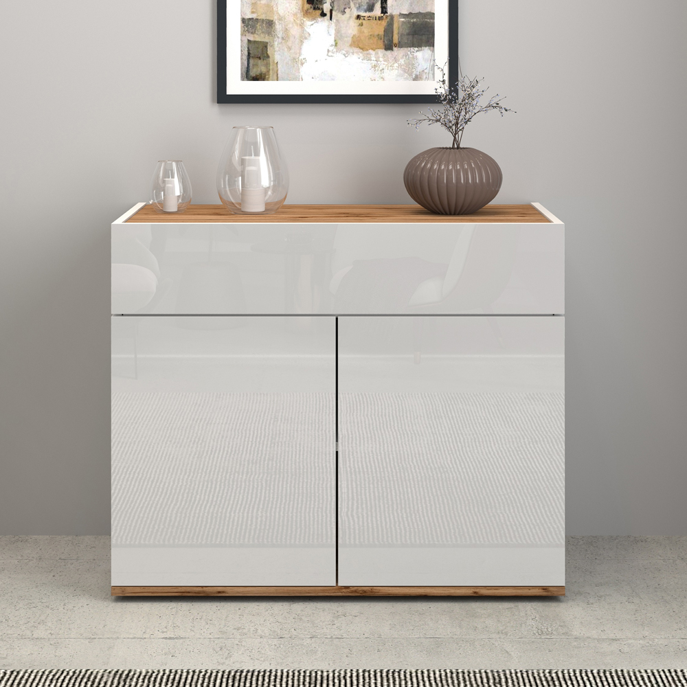 Girard High Gloss Sideboard With 2 Doors 1 Drawer In White And Wotan Oak