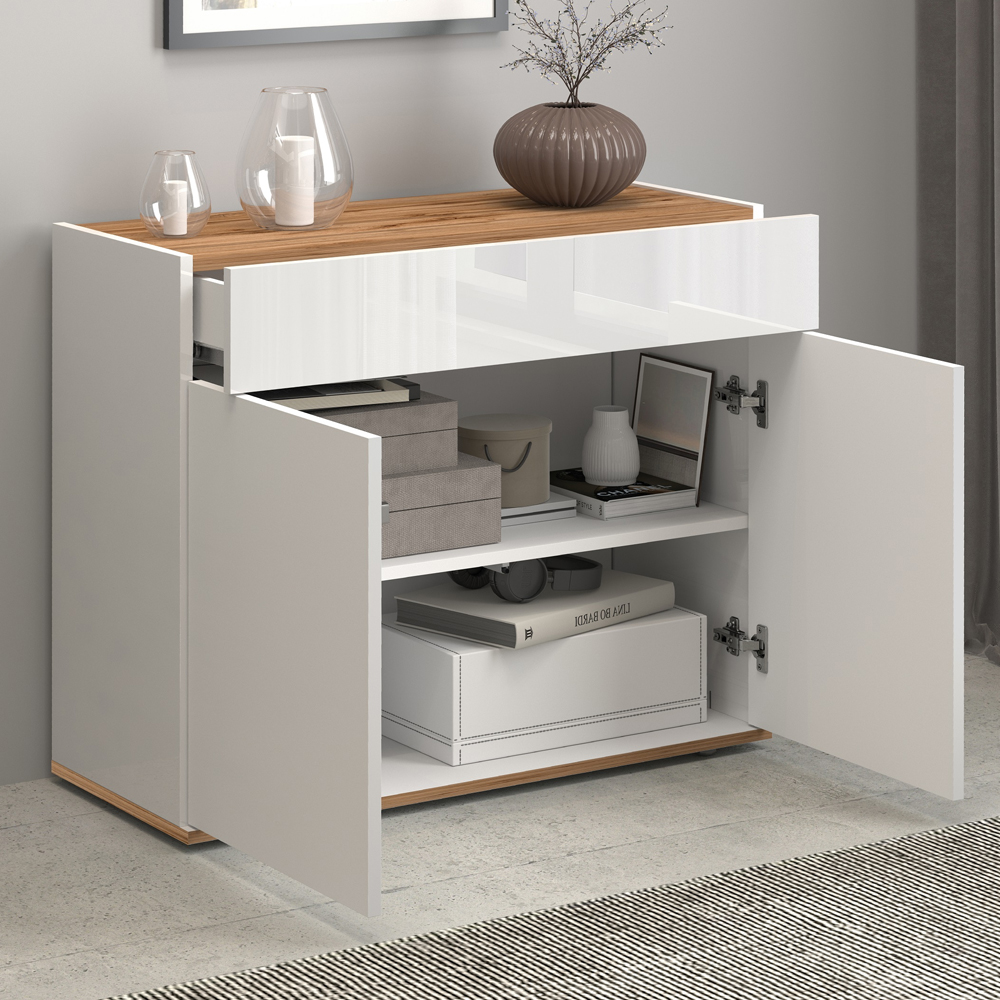 Girard High Gloss Sideboard With 2 Doors 1 Drawer In White And Wotan Oak