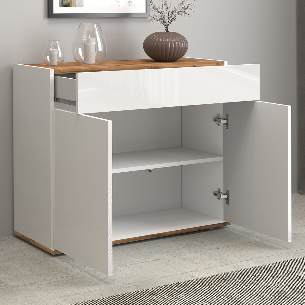 Girard High Gloss Sideboard With 2 Doors 1 Drawer In White And Wotan Oak