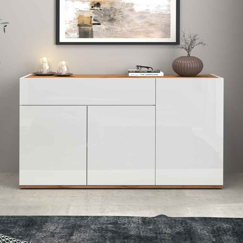 Girard High Gloss Sideboard With 3 Doors 1 Drawer In White And Wotan Oak