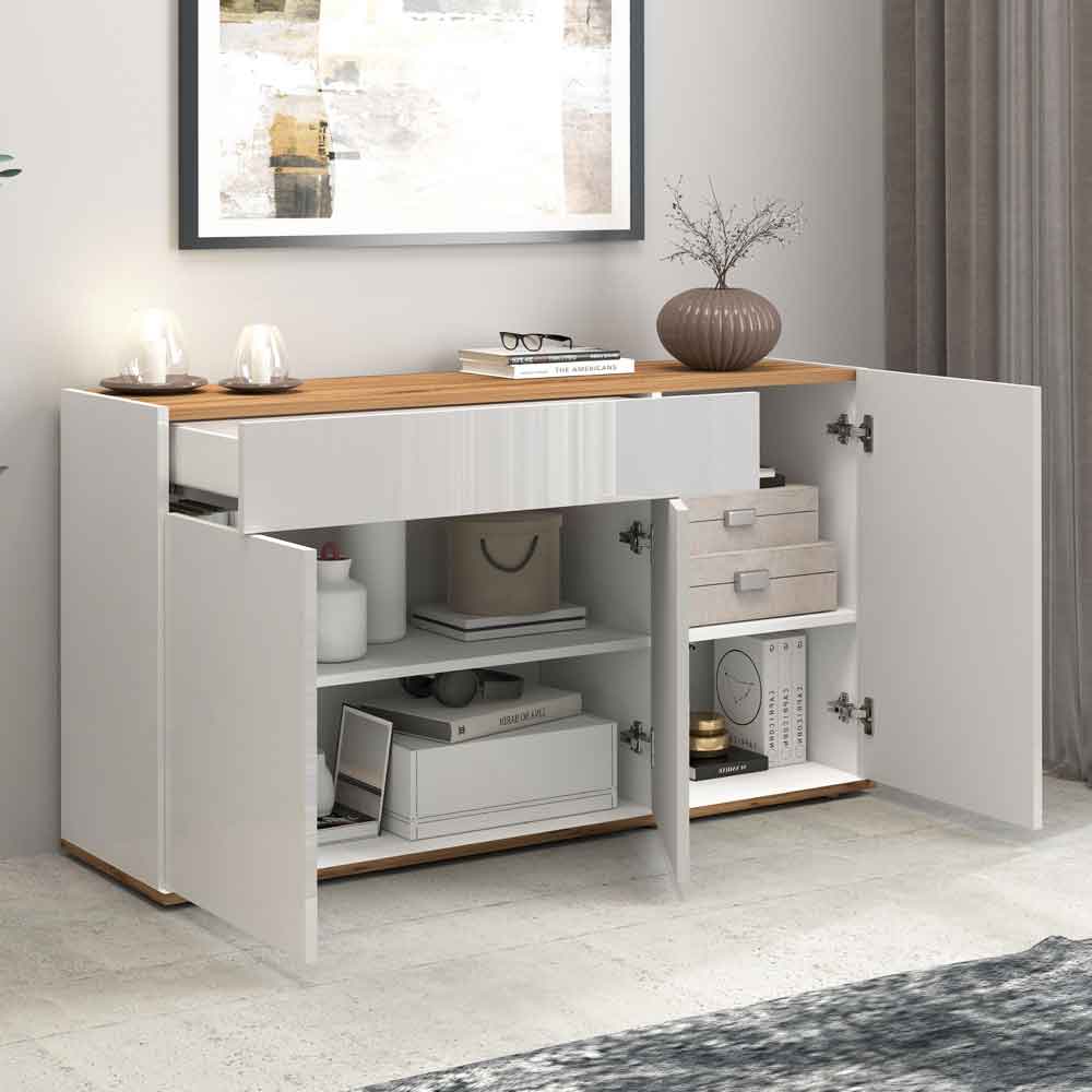 Girard High Gloss Sideboard With 3 Doors 1 Drawer In White And Wotan Oak