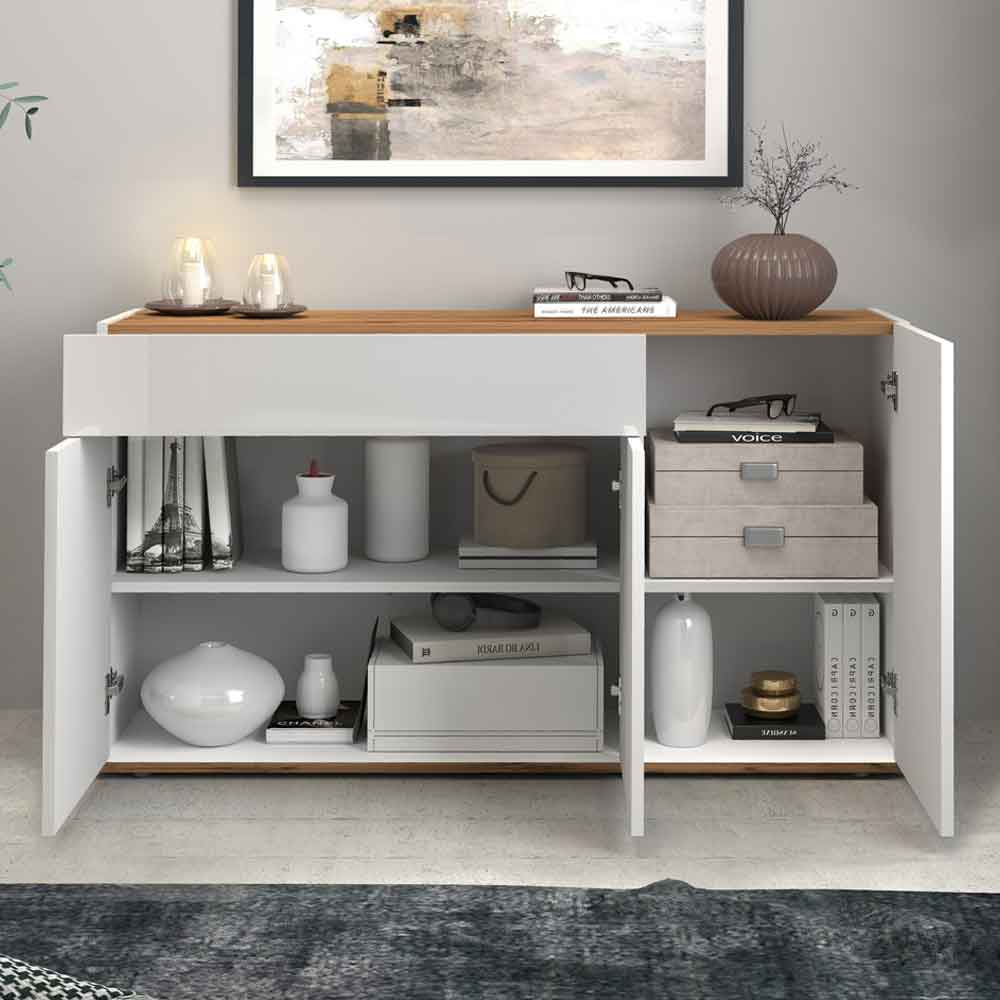 Girard High Gloss Sideboard With 3 Doors 1 Drawer In White And Wotan Oak