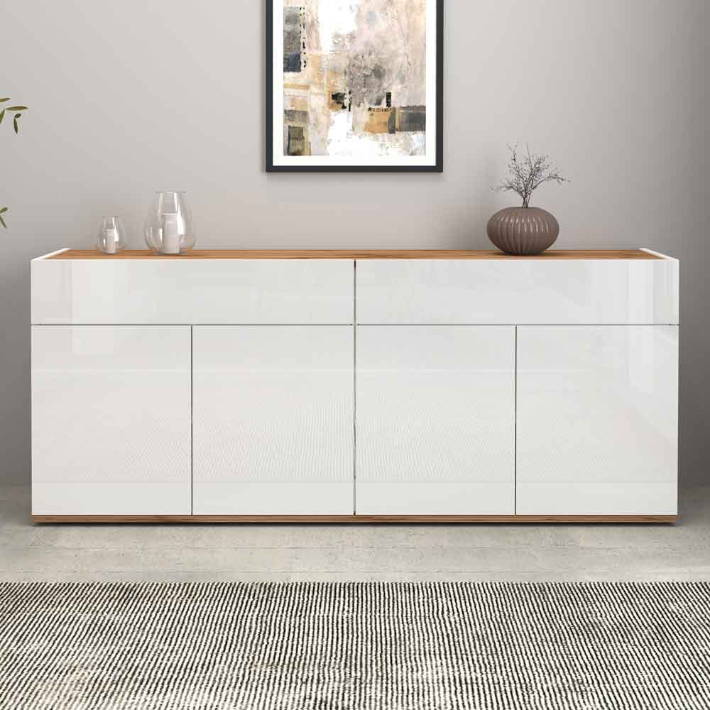 Girard High Gloss Sideboard With 4 Doors 2 Drawers In White And Wotan Oak