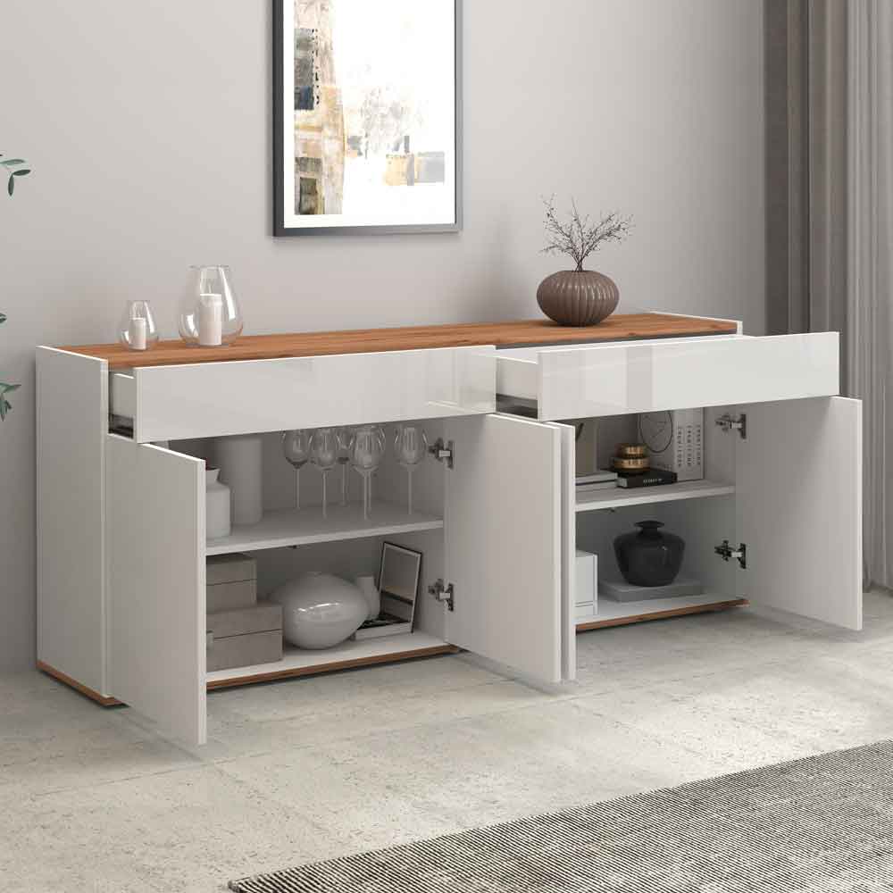 Girard High Gloss Sideboard With 4 Doors 2 Drawers In White And Wotan Oak