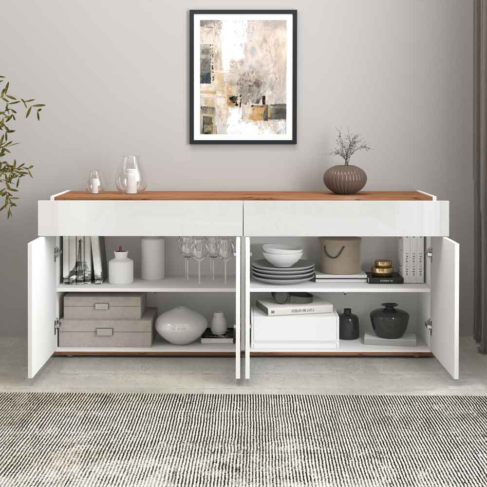 Girard High Gloss Sideboard With 4 Doors 2 Drawers In White And Wotan Oak