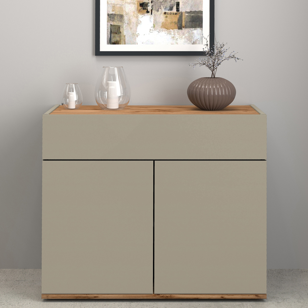 Girard Wooden Sideboard With 2 Doors 1 Drawer In Taupe And Wotan Oak