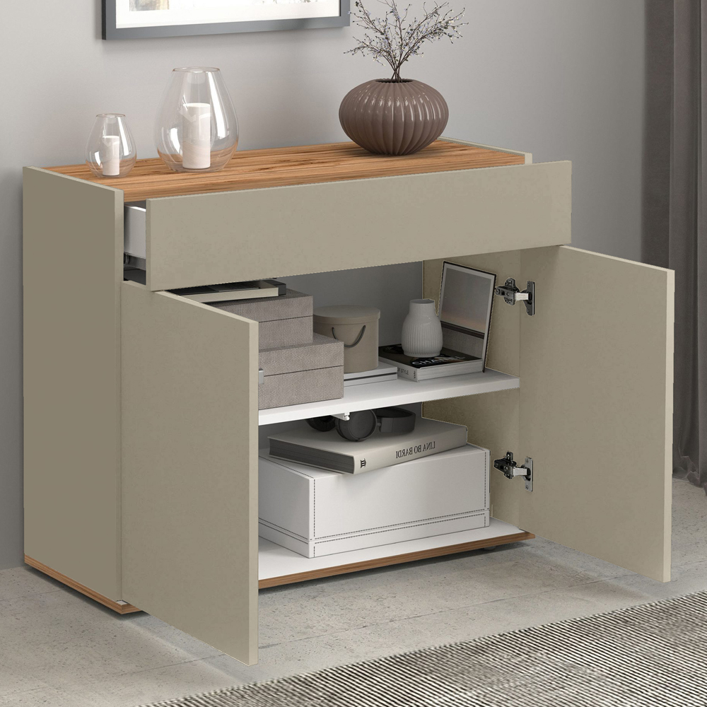 Girard Wooden Sideboard With 2 Doors 1 Drawer In Taupe And Wotan Oak