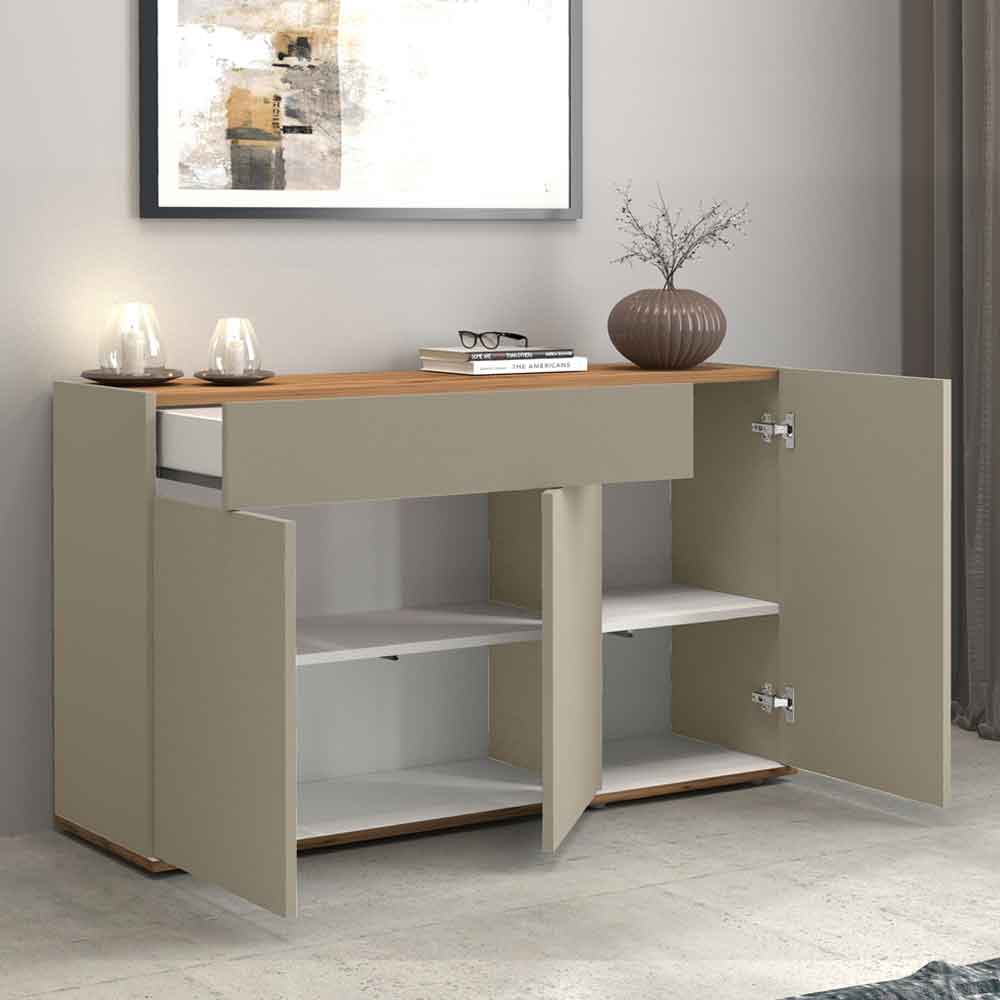 Girard Wooden Sideboard With 3 Doors 1 Drawer In Taupe And Wotan Oak