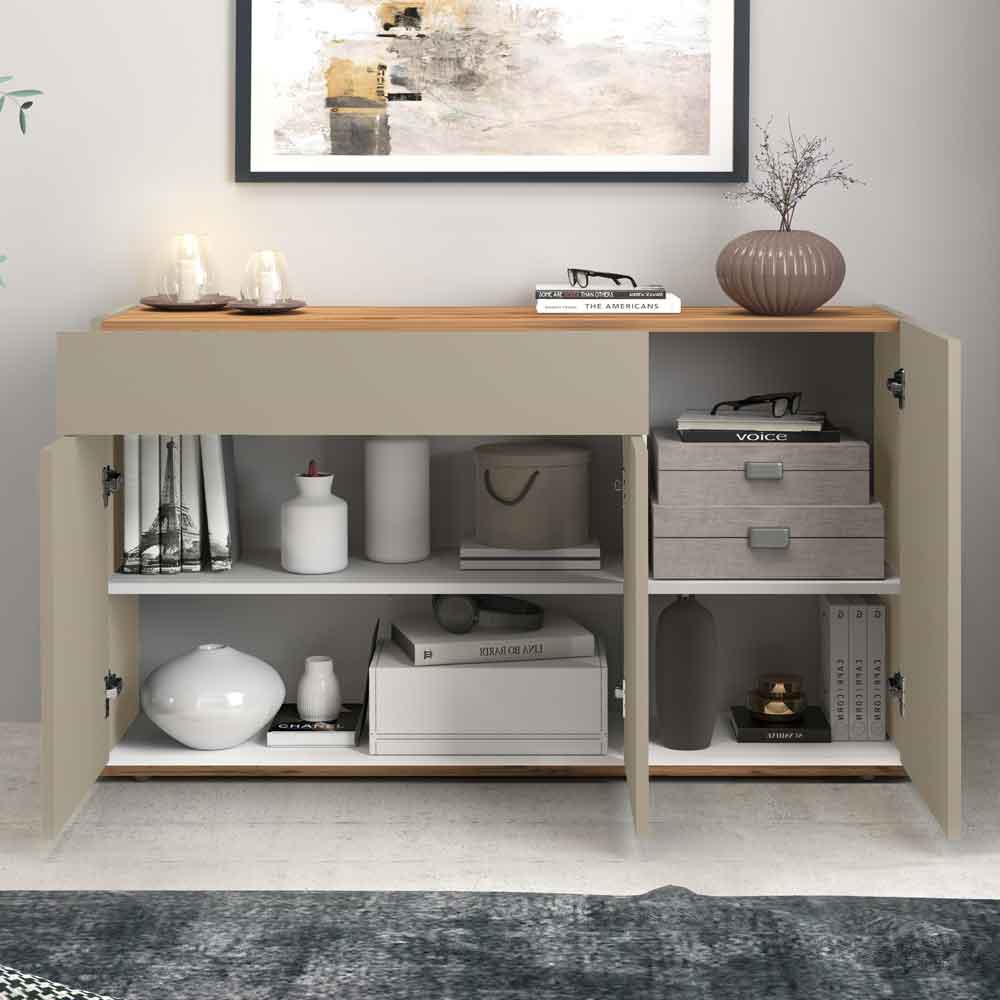 Girard Wooden Sideboard With 3 Doors 1 Drawer In Taupe And Wotan Oak