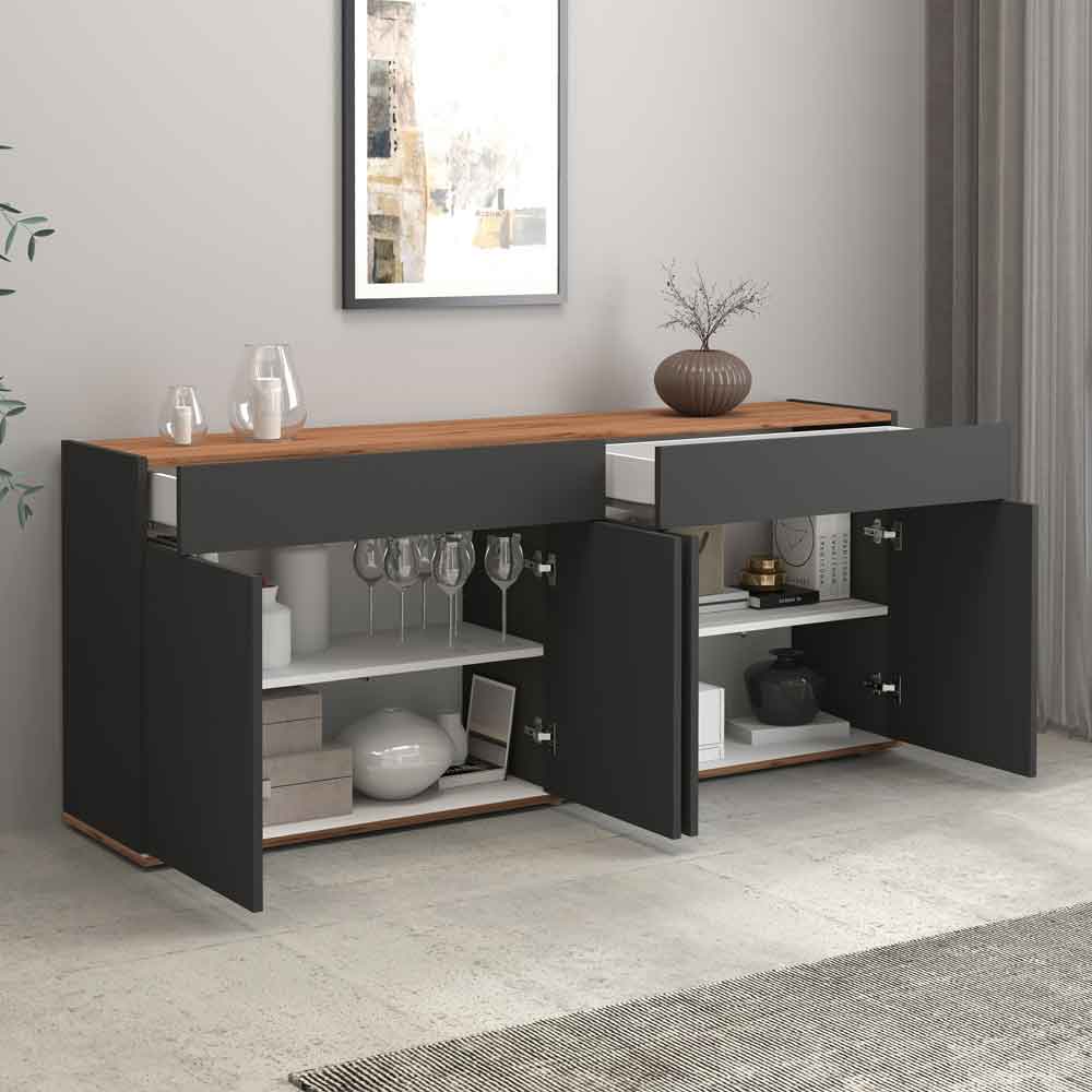 Girard Wooden Sideboard With 4 Doors 2 Drawers In Anthracite And Wotan Oak