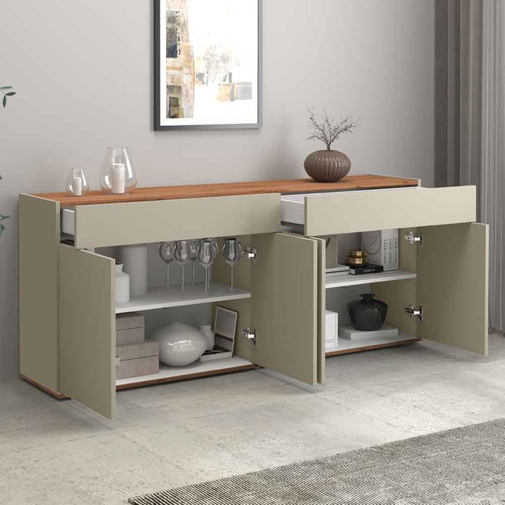 Girard Wooden Sideboard With 4 Doors 2 Drawers In Taupe And Wotan Oak