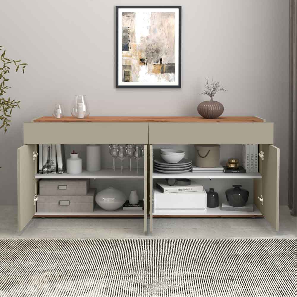 Girard Wooden Sideboard With 4 Doors 2 Drawers In Taupe And Wotan Oak