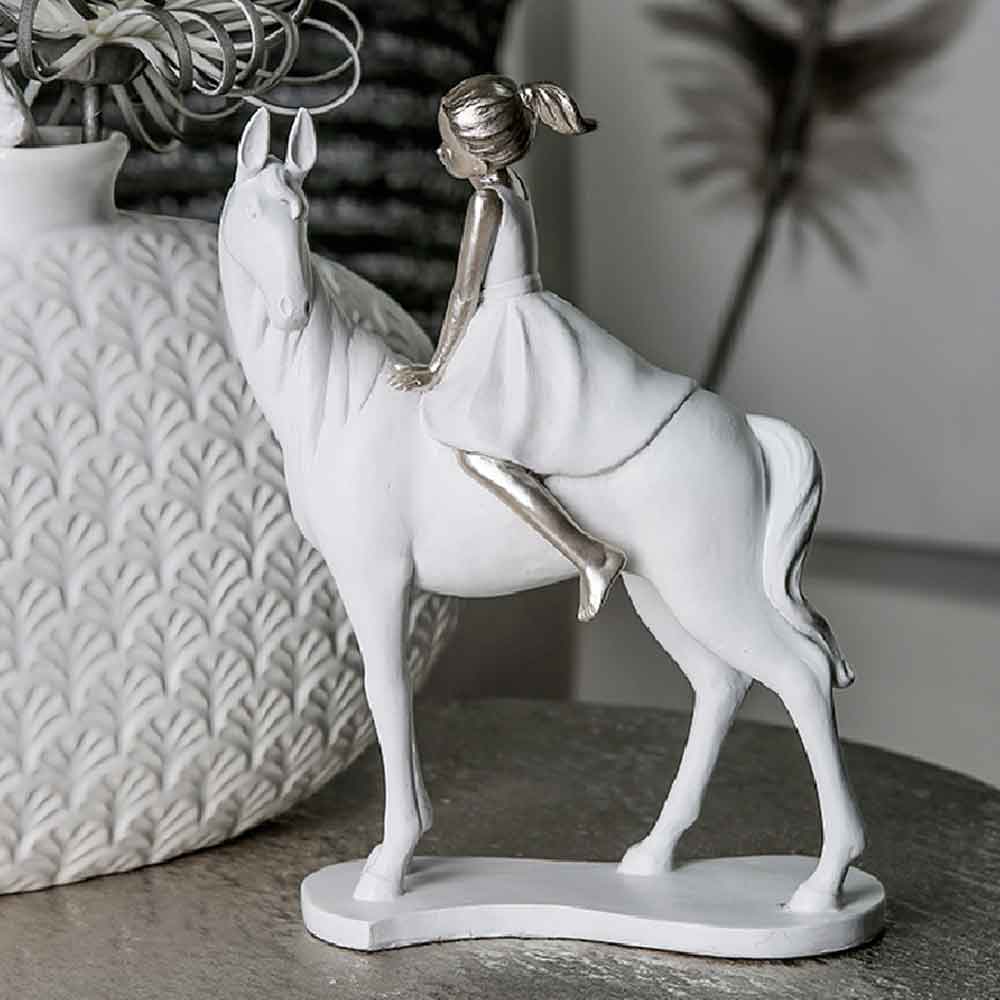 Girl On Horse Poly Design Sculpture In White And Silver