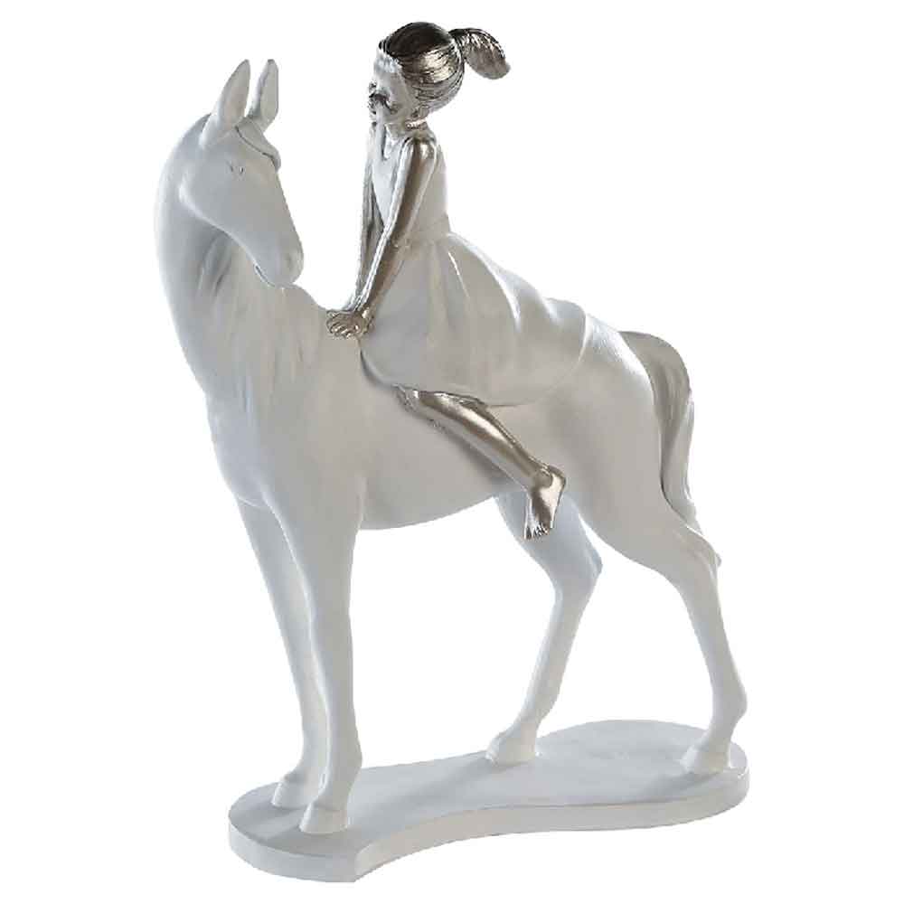 Girl On Horse Poly Design Sculpture In White And Silver