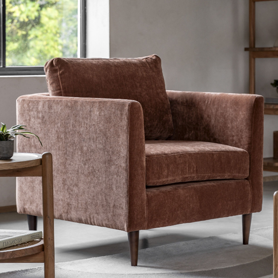 Read more about Girona fabric armchair with wooden legs in rustic