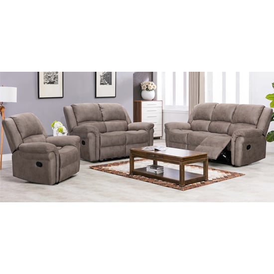 Product photograph of Girona Manual Recliner Fabric Sofa Suite In Taupe from Furniture in Fashion
