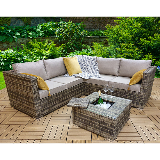 Gitel Corner Lounge Sofa Set With Ice Bucket Table In Brown