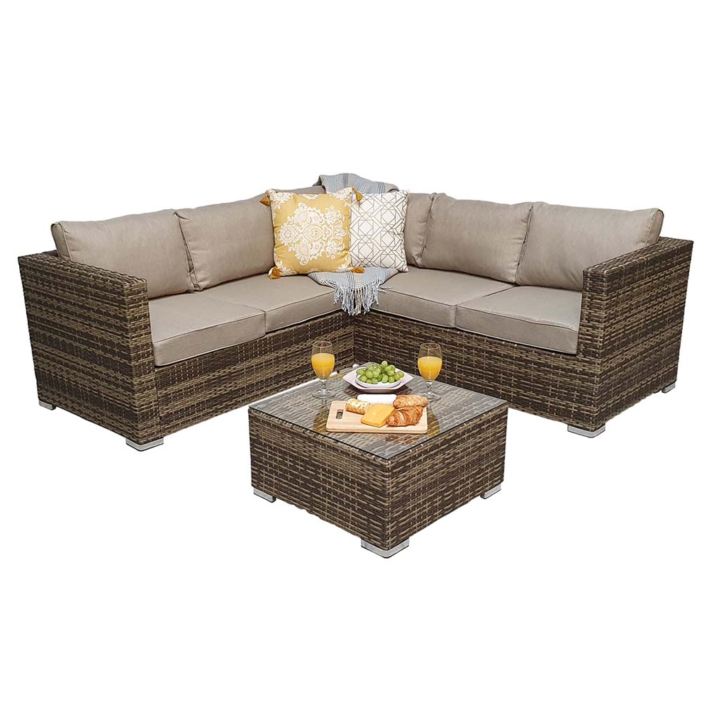 Gitel Rattan Garden Corner Sofa Set With Coffee Table In Brown