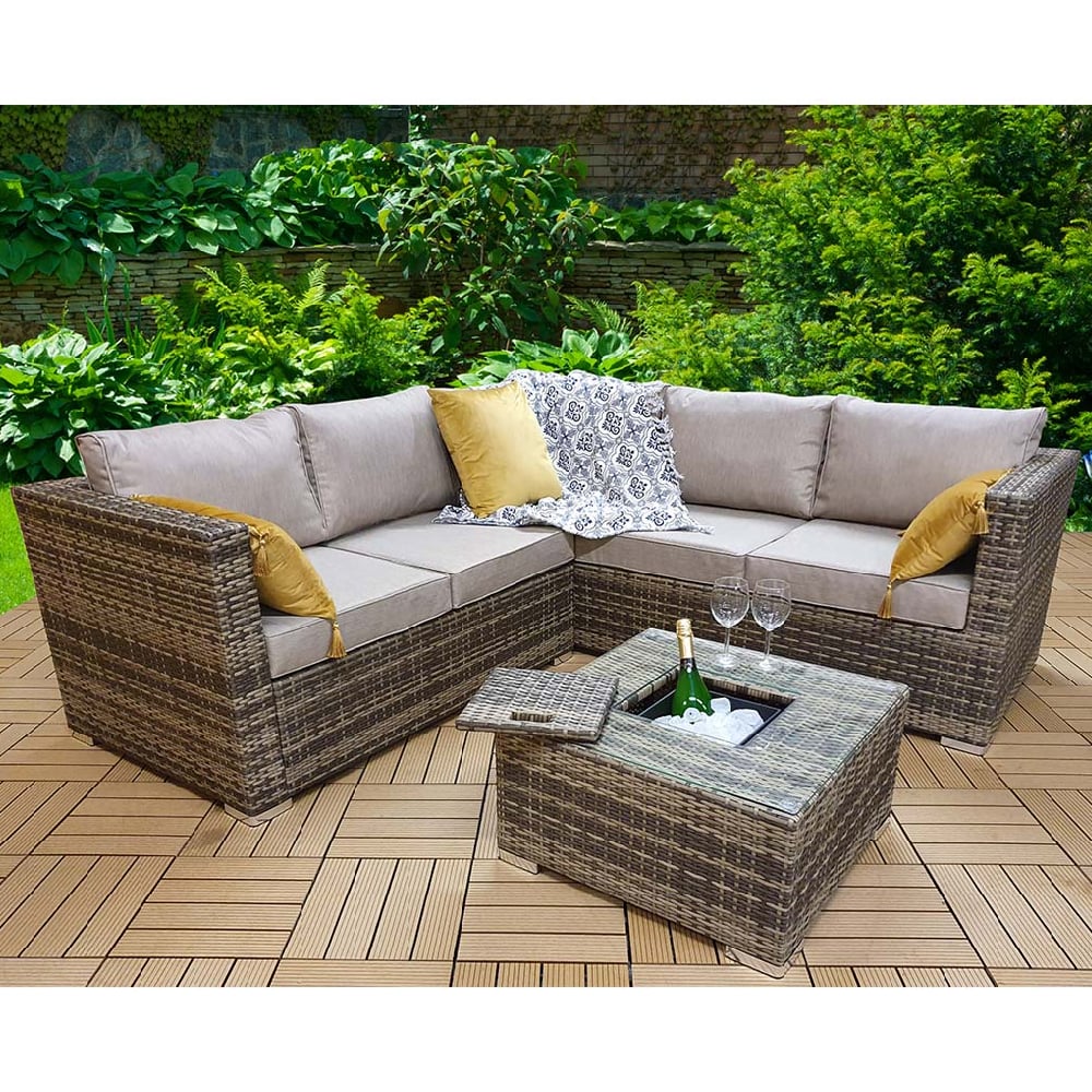 Gitel Rattan Garden Corner Sofa Set With Ice Bucket In Brown Gitel Rattan Garden Corner Sofa Set With Ice Bucket In Brown