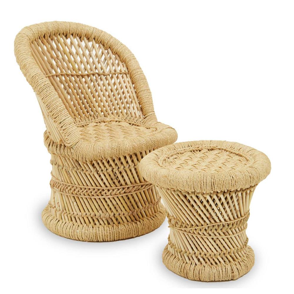 Givaro Woven Bamboo Childrens Chair and Stool Set in Natural