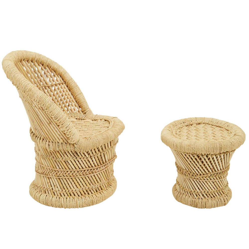 Givaro Woven Bamboo Childrens Chair and Stool Set in Natural