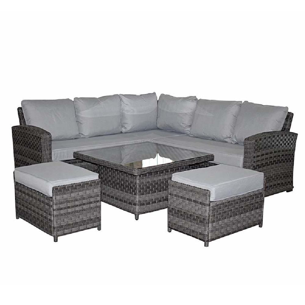 Gizeh Glass Top Garden Lift Up Dining Set With 2 Ottomans In Grey