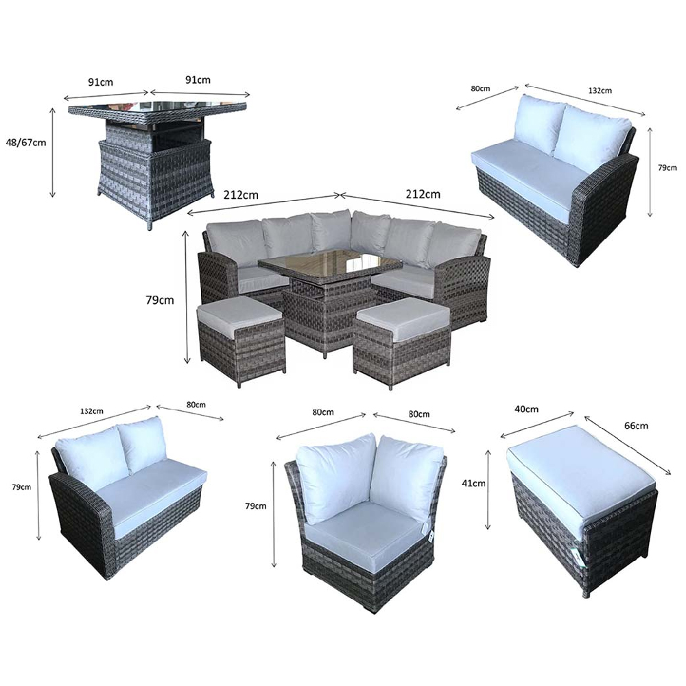 Gizeh Glass Top Garden Lift Up Dining Set With 2 Ottomans In Grey