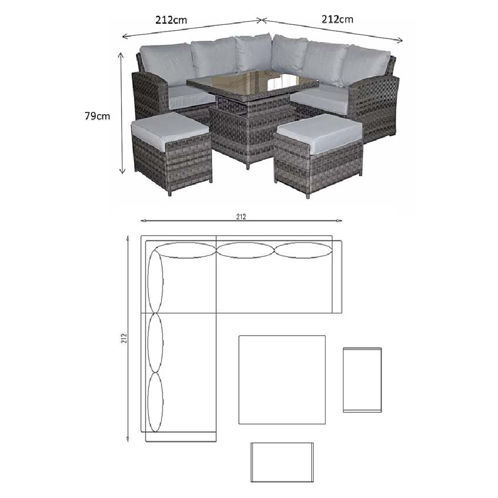 Gizeh Glass Top Garden Lift Up Dining Set With 2 Ottomans In Grey