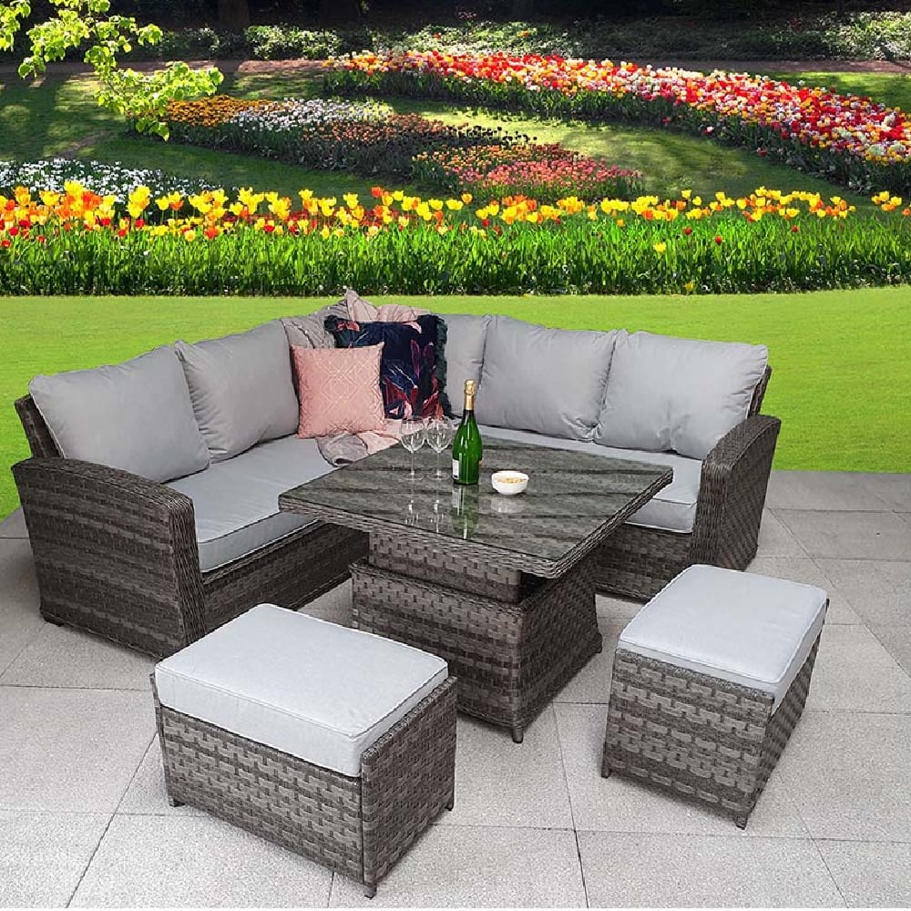 Gizeh Glass Top Garden Lift Up Dining Set With 2 Ottomans In Grey