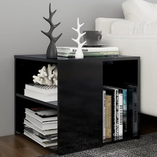 Read more about Gizela high gloss side table with shelves in black