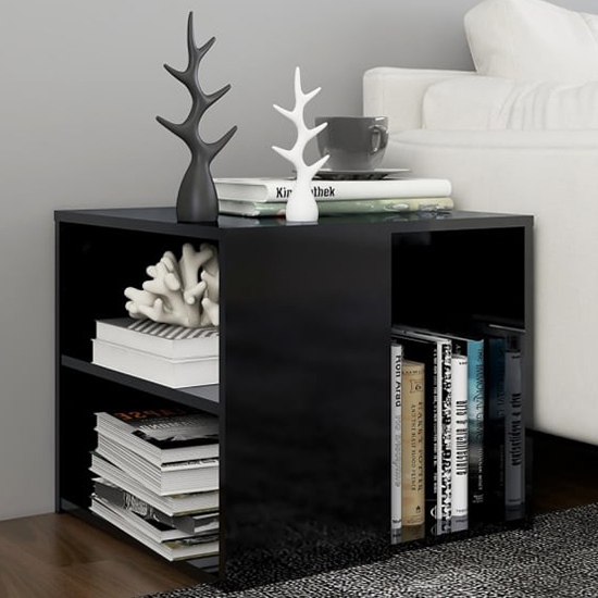 Product photograph of Gizela High Gloss Side Table With Shelves In Black from Furniture in Fashion