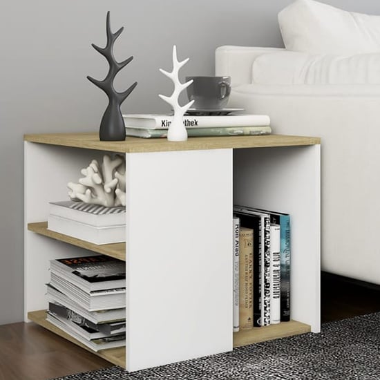 Gizela Wooden Side Table With Shelves In Sonoma Oak And White
