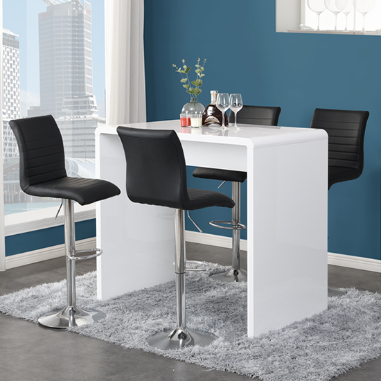 Photo of Glacier white high gloss bar table with 4 ripple black stools