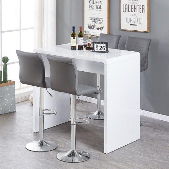 Read more about Glacier white high gloss bar table with 4 ripple grey stools